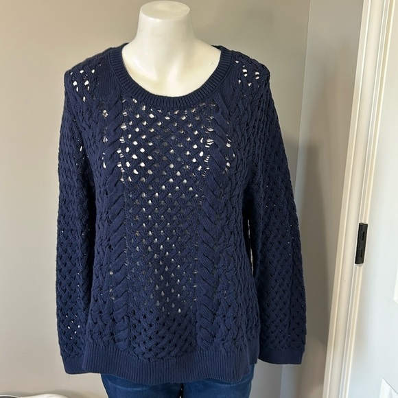 Anthropologie Knitted and Knotted Evening Chill Sweater Open Knit Navy Blue XL - Picture 1 of 11